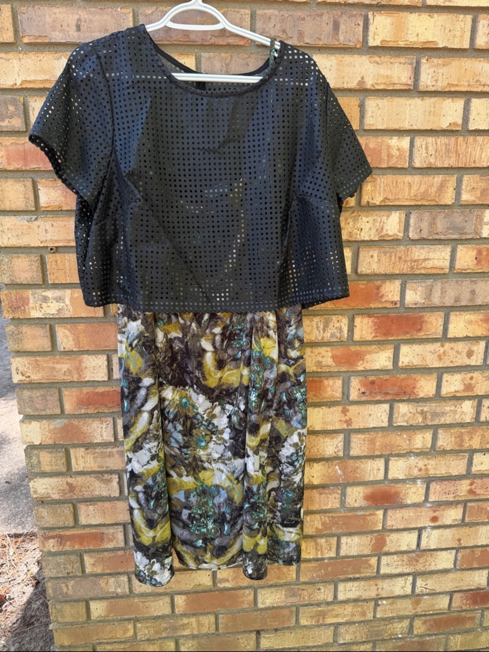 Harper Black Eyelet Crop Top with Floral Midi Skirt in Yellow, Teal, Brown